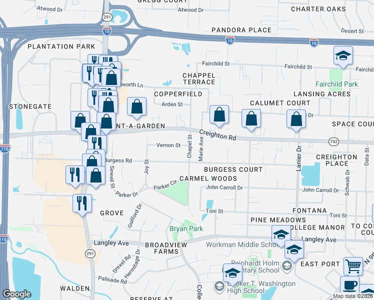 map of restaurants, bars, coffee shops, grocery stores, and more near 1127 Vernon Street in Pensacola