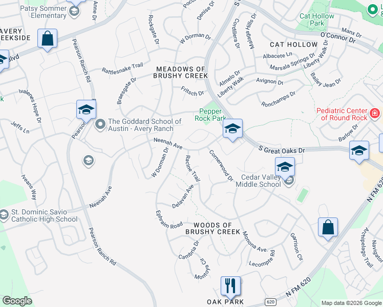 map of restaurants, bars, coffee shops, grocery stores, and more near 15907 Neenah Cove in Austin