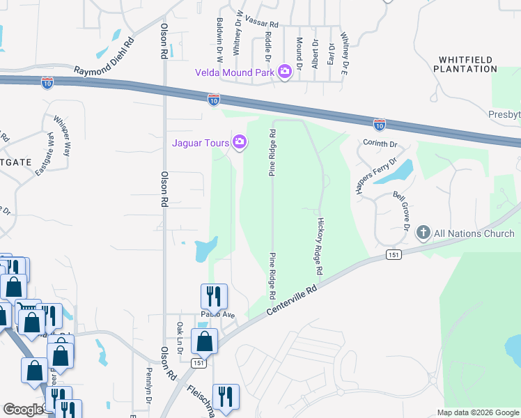 map of restaurants, bars, coffee shops, grocery stores, and more near 2680 Pine Ridge Road in Tallahassee