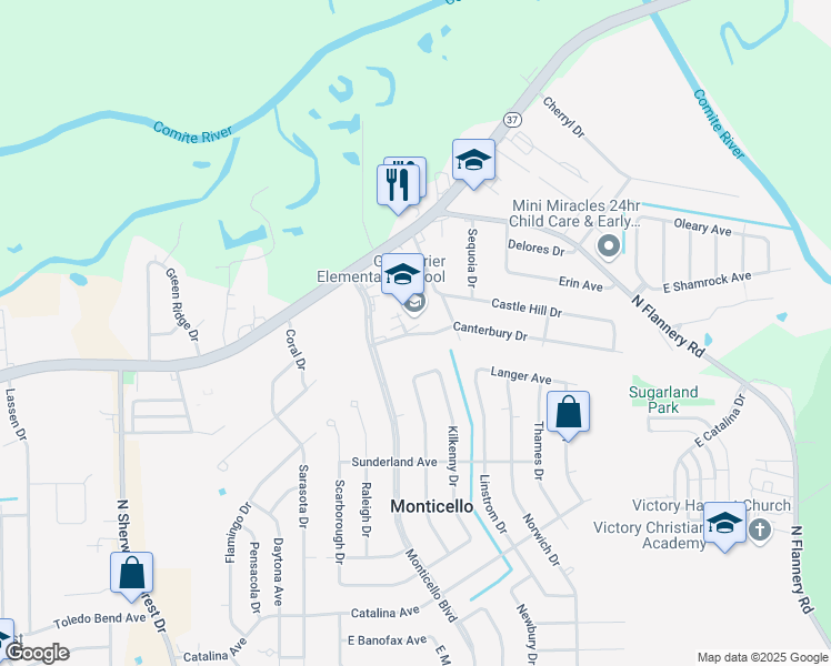 map of restaurants, bars, coffee shops, grocery stores, and more near 12203 Canterbury Drive in Baton Rouge