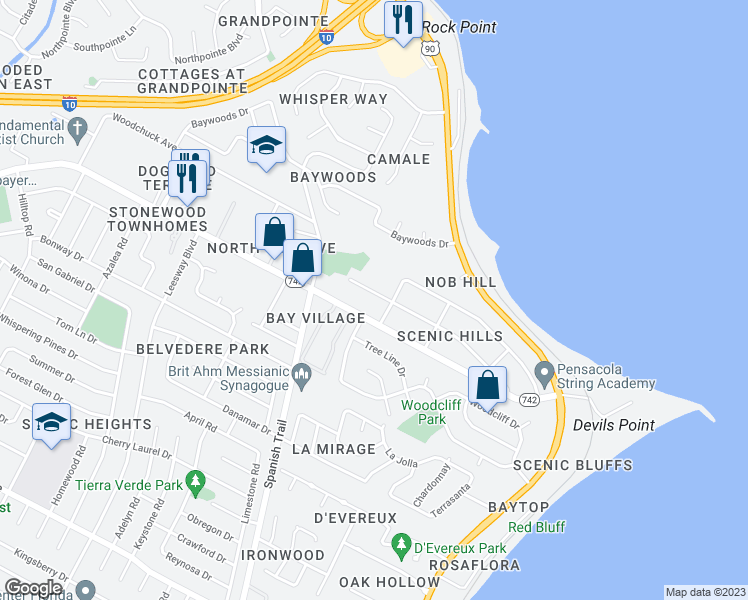 map of restaurants, bars, coffee shops, grocery stores, and more near 4535 Christy Drive in Pensacola