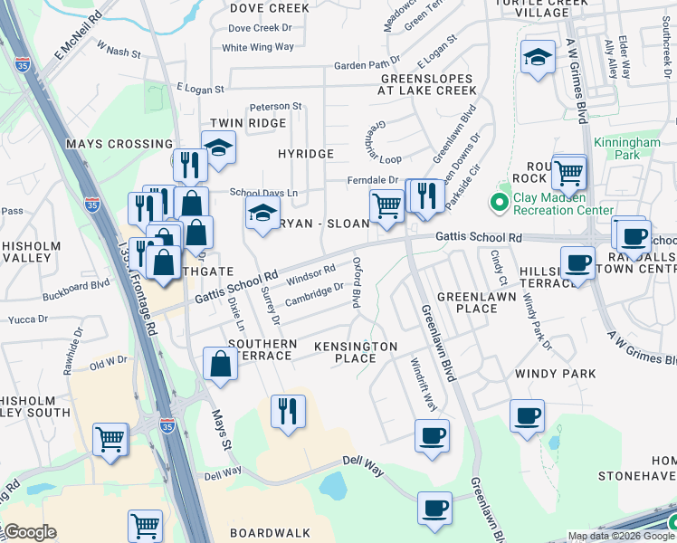 map of restaurants, bars, coffee shops, grocery stores, and more near 807 Windsor Road in Round Rock