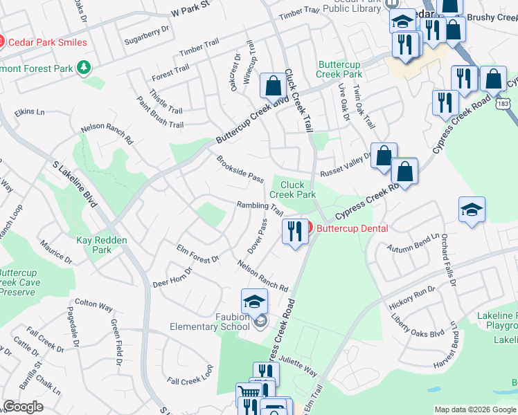 map of restaurants, bars, coffee shops, grocery stores, and more near 1101 Rambling Trail in Cedar Park