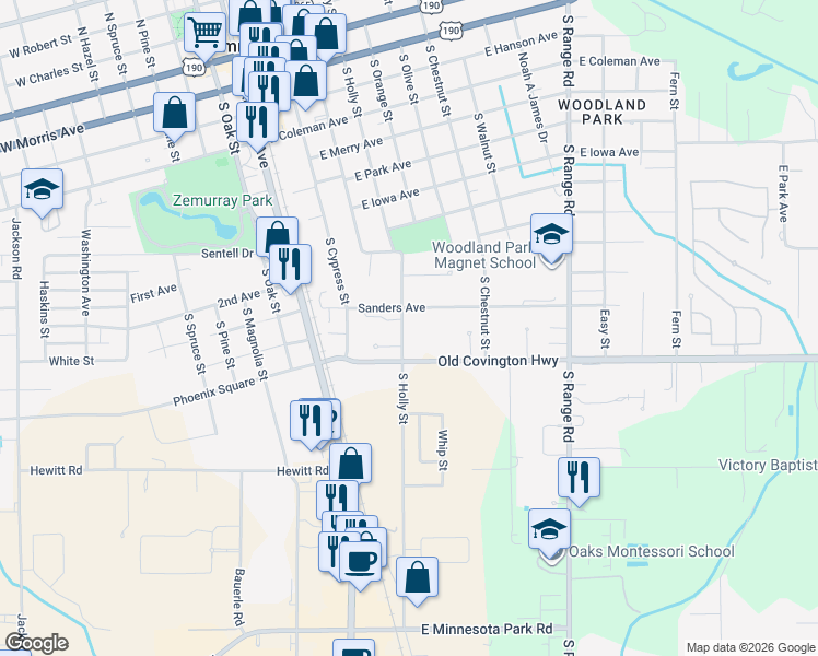 map of restaurants, bars, coffee shops, grocery stores, and more near 1109 South Holly Street in Hammond