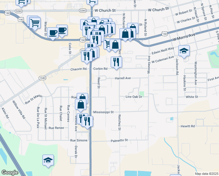 map of restaurants, bars, coffee shops, grocery stores, and more near 114 Wells Drive in Hammond
