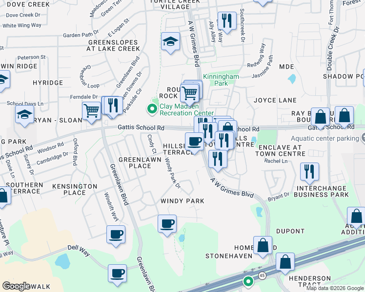 map of restaurants, bars, coffee shops, grocery stores, and more near 1800 S A.W. Grimes Boulevard in Round Rock