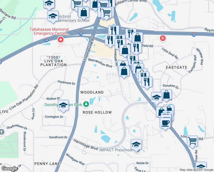 map of restaurants, bars, coffee shops, grocery stores, and more near 1601 Springwood Drive in Tallahassee