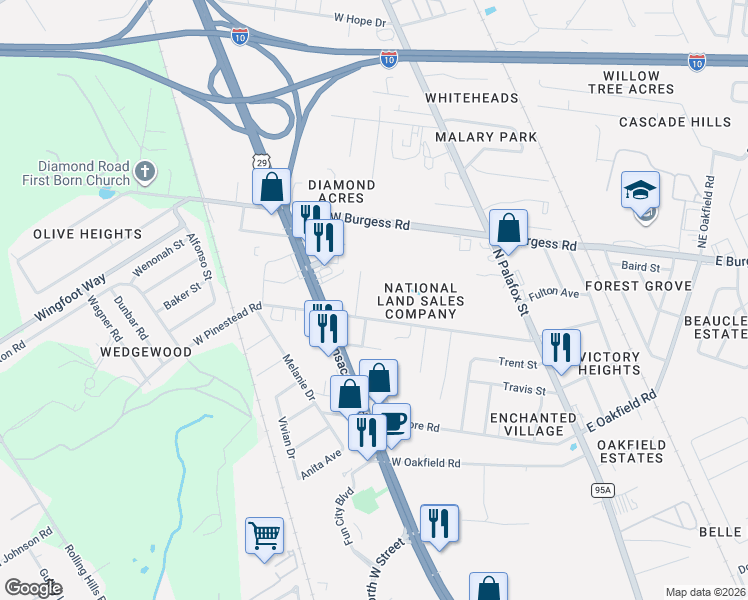 map of restaurants, bars, coffee shops, grocery stores, and more near 452 West Pinestead Road in Pensacola