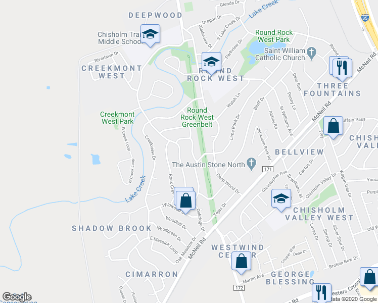 map of restaurants, bars, coffee shops, grocery stores, and more near 1505 Oakridge Drive in Round Rock