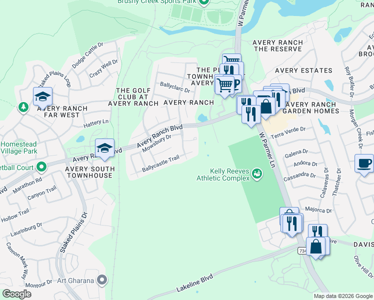 map of restaurants, bars, coffee shops, grocery stores, and more near 14616 Ballycastle Trail in Austin