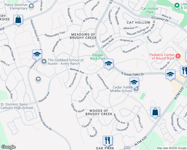 map of restaurants, bars, coffee shops, grocery stores, and more near 15907 Neenah Cove in Austin