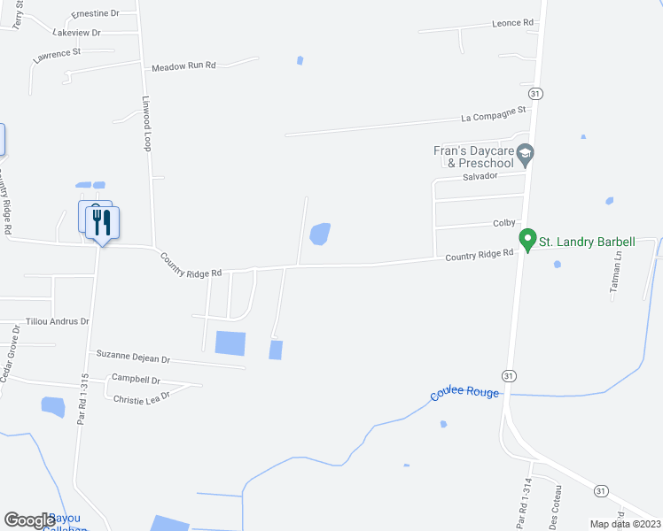 map of restaurants, bars, coffee shops, grocery stores, and more near Country Ridge Road in Opelousas