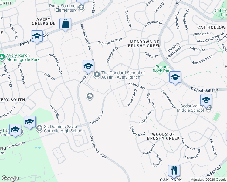 map of restaurants, bars, coffee shops, grocery stores, and more near 8815 Neenah Avenue in Austin