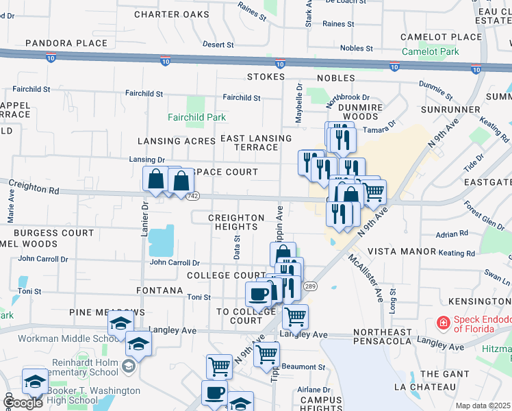 map of restaurants, bars, coffee shops, grocery stores, and more near 2265 Creighton Road in Pensacola