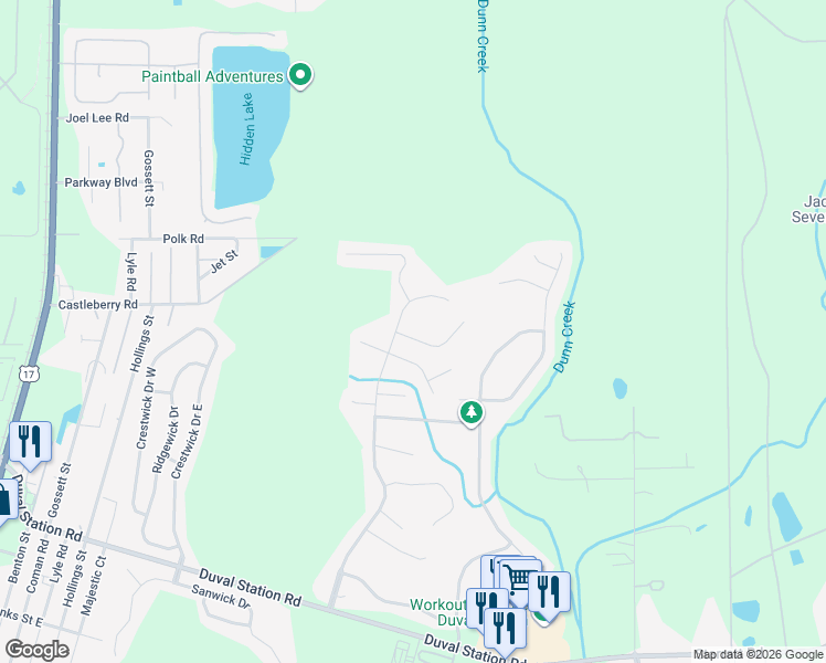 map of restaurants, bars, coffee shops, grocery stores, and more near 517 Arborwood Drive in Jacksonville