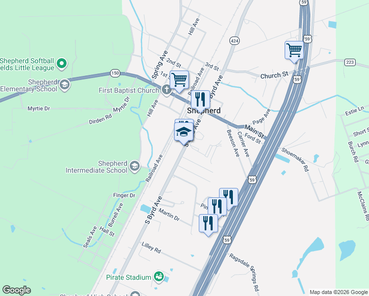 map of restaurants, bars, coffee shops, grocery stores, and more near 1480 Texas 424 Loop in Shepherd