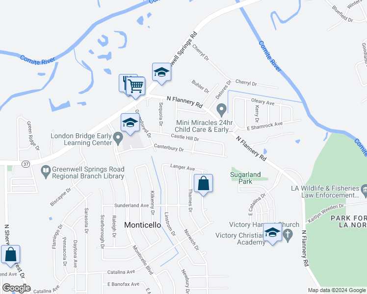 map of restaurants, bars, coffee shops, grocery stores, and more near 12621 Canterbury Drive in Baton Rouge