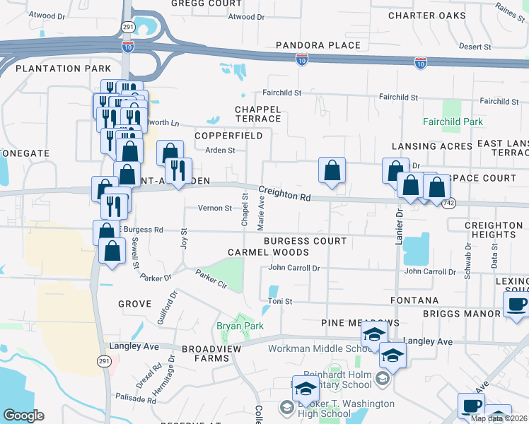 map of restaurants, bars, coffee shops, grocery stores, and more near 6020 Marie Avenue in Pensacola