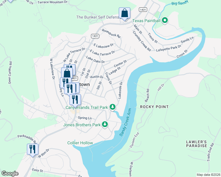 map of restaurants, bars, coffee shops, grocery stores, and more near 11000 Crestview Drive in Leander