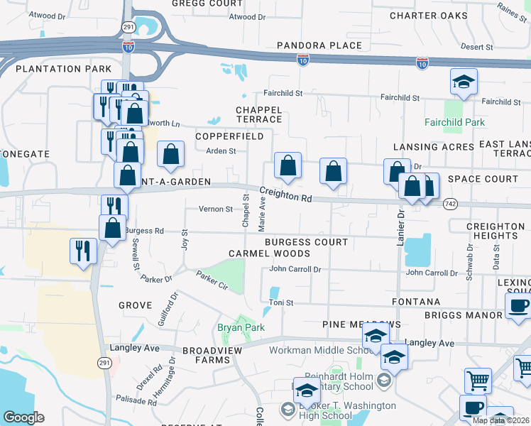 map of restaurants, bars, coffee shops, grocery stores, and more near 6020 Marie Avenue in Pensacola