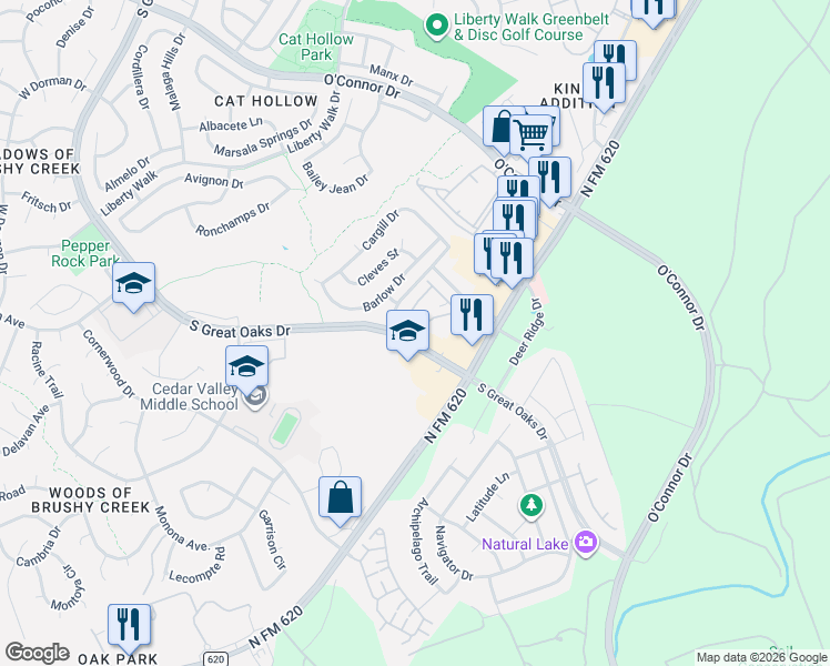 map of restaurants, bars, coffee shops, grocery stores, and more near 16100 South Great Oaks Drive in Round Rock