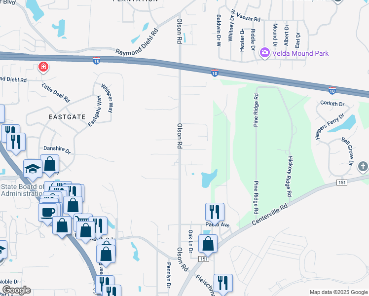 map of restaurants, bars, coffee shops, grocery stores, and more near 2913 Olson Landing Road in Tallahassee