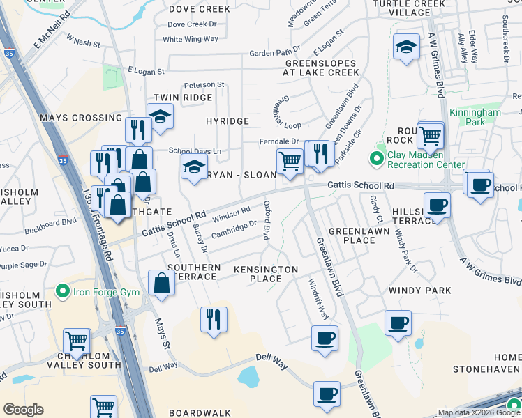 map of restaurants, bars, coffee shops, grocery stores, and more near 807 Windsor Road in Round Rock