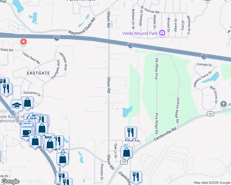 map of restaurants, bars, coffee shops, grocery stores, and more near 2913 Olson Landing Road in Tallahassee