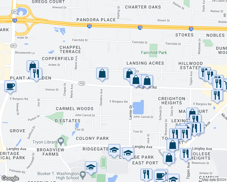 map of restaurants, bars, coffee shops, grocery stores, and more near 1619 Creighton Road in Pensacola