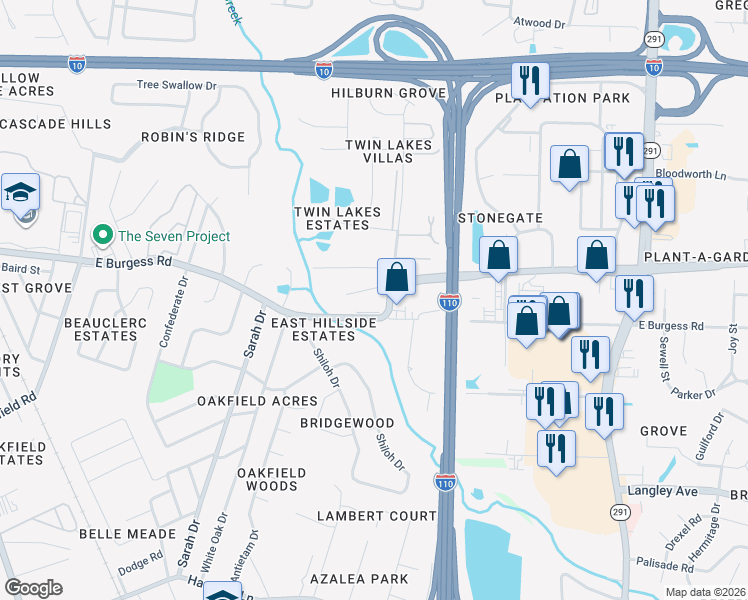 map of restaurants, bars, coffee shops, grocery stores, and more near 436 East Burgess Road in Pensacola