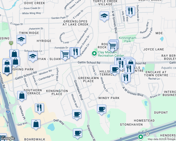 map of restaurants, bars, coffee shops, grocery stores, and more near 1615 Whirlwind Trail in Round Rock