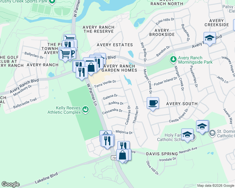 map of restaurants, bars, coffee shops, grocery stores, and more near 15134 Galena Drive in Austin