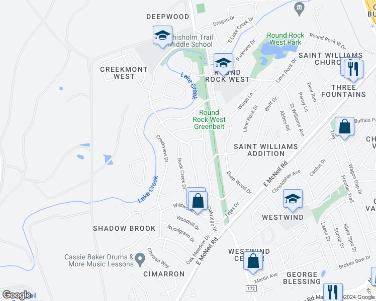 map of restaurants, bars, coffee shops, grocery stores, and more near 1506 Oakridge Drive in Round Rock