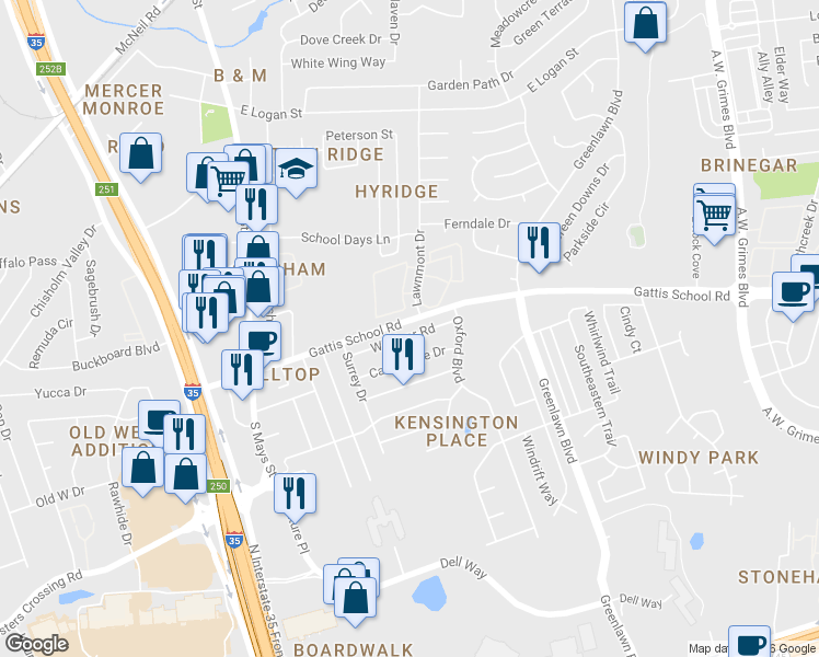 map of restaurants, bars, coffee shops, grocery stores, and more near 702 Windsor Road in Round Rock