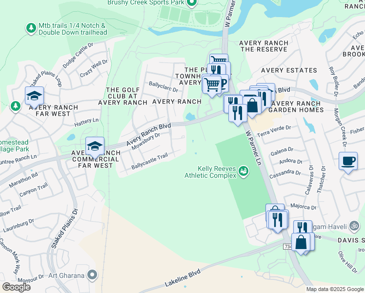 map of restaurants, bars, coffee shops, grocery stores, and more near 14616 Ballycastle Trail in Austin