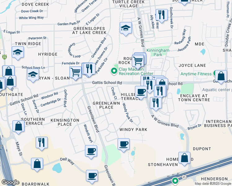map of restaurants, bars, coffee shops, grocery stores, and more near 1603 Cindy Court in Round Rock