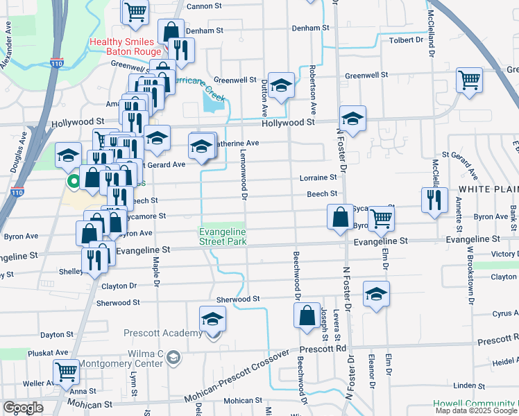 map of restaurants, bars, coffee shops, grocery stores, and more near 4375 Sycamore Street in Baton Rouge