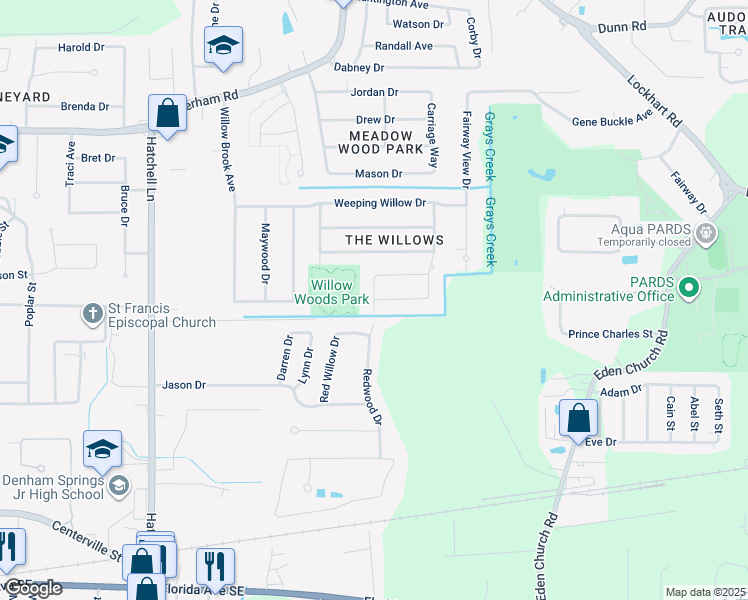 map of restaurants, bars, coffee shops, grocery stores, and more near 1400 Willow Oak Drive in Denham Springs