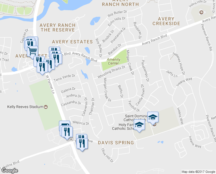 map of restaurants, bars, coffee shops, grocery stores, and more near 10013 Morgan Creek Drive in Austin