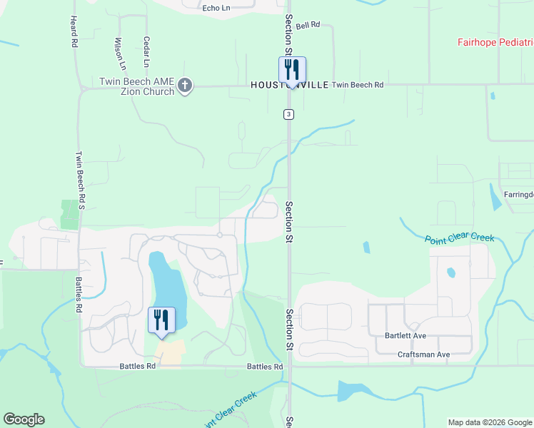 map of restaurants, bars, coffee shops, grocery stores, and more near 18409 Section Street in Fairhope