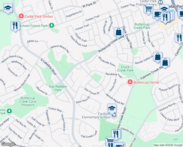 map of restaurants, bars, coffee shops, grocery stores, and more near 1220 Rambling Trail in Cedar Park