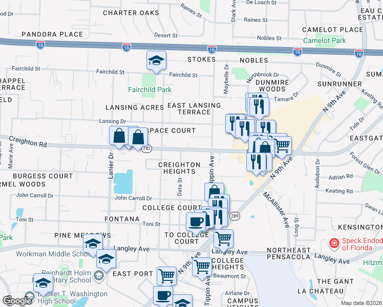 map of restaurants, bars, coffee shops, grocery stores, and more near 2265 Creighton Road in Pensacola