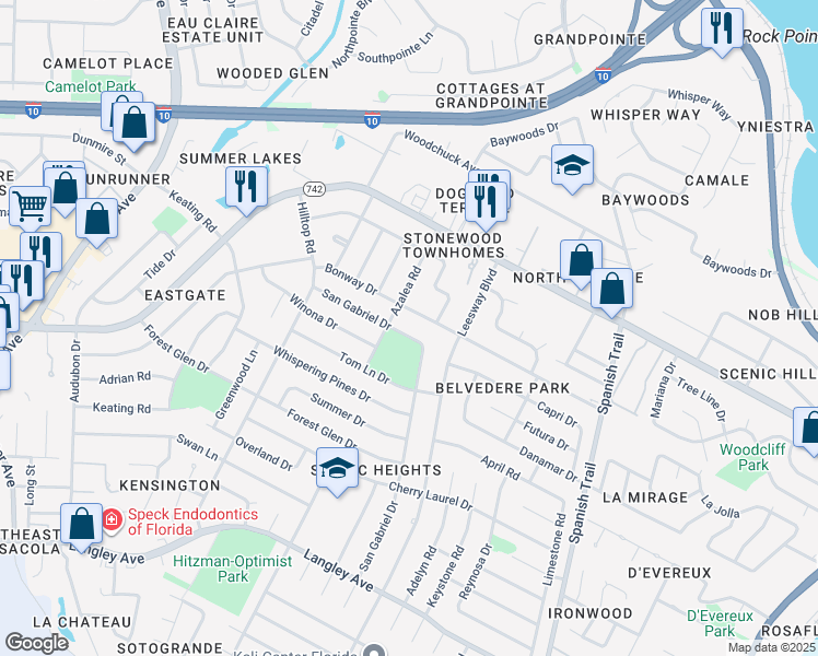 map of restaurants, bars, coffee shops, grocery stores, and more near 4040 San Gabriel Drive in Pensacola