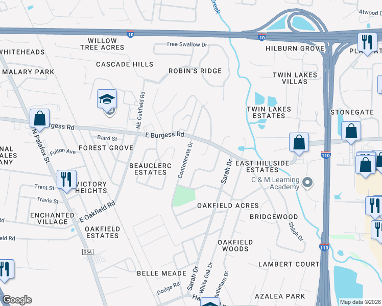 map of restaurants, bars, coffee shops, grocery stores, and more near 6244 Confederate Drive in Pensacola