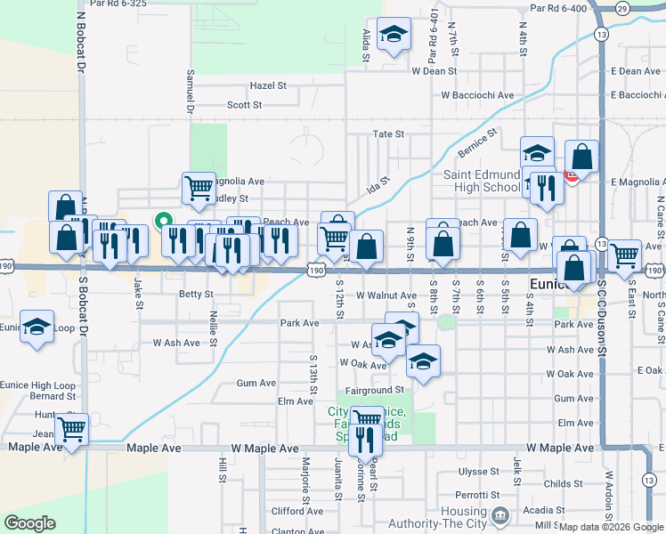 map of restaurants, bars, coffee shops, grocery stores, and more near 1242 West Laurel Avenue in Eunice