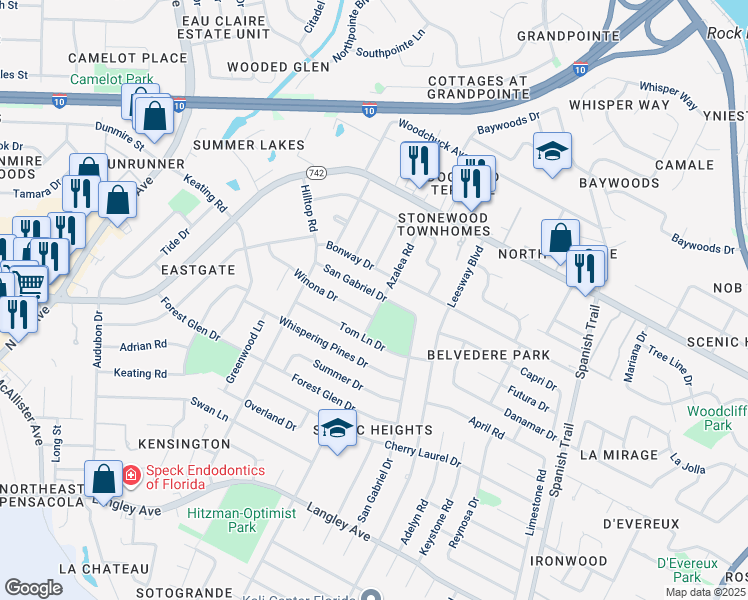 map of restaurants, bars, coffee shops, grocery stores, and more near 3975 San Gabriel Drive in Pensacola