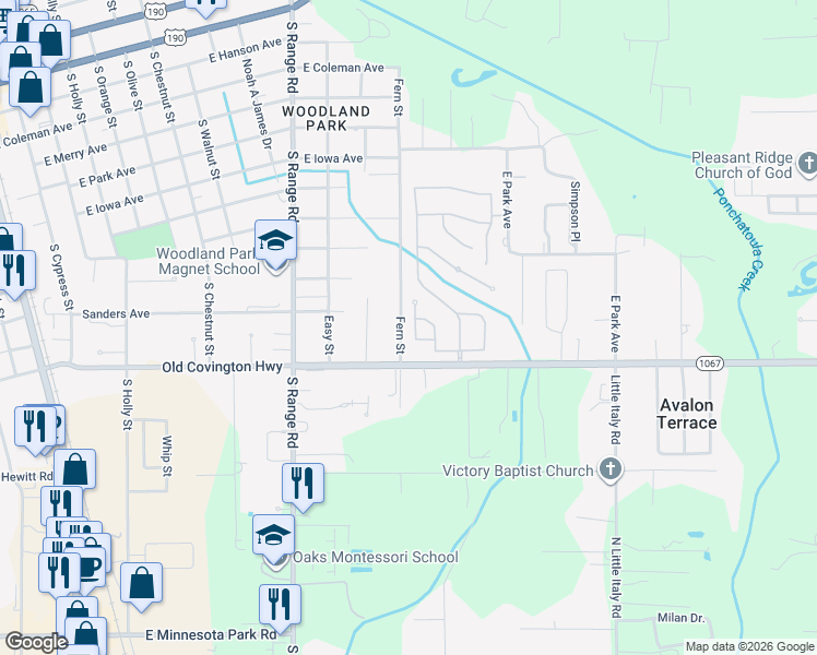 map of restaurants, bars, coffee shops, grocery stores, and more near 44065 High Oats Trail in Hammond