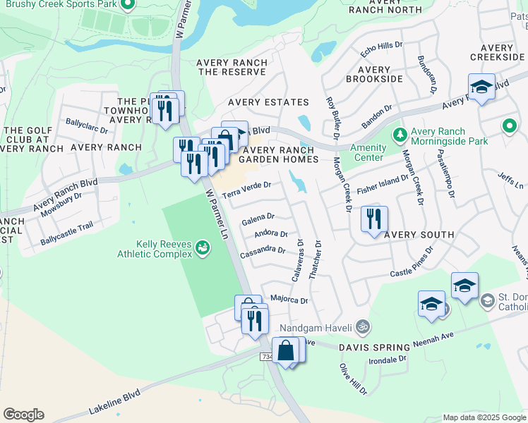 map of restaurants, bars, coffee shops, grocery stores, and more near 15134 Galena Drive in Austin