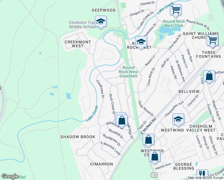 map of restaurants, bars, coffee shops, grocery stores, and more near 1503 Rock Creek Drive in Round Rock