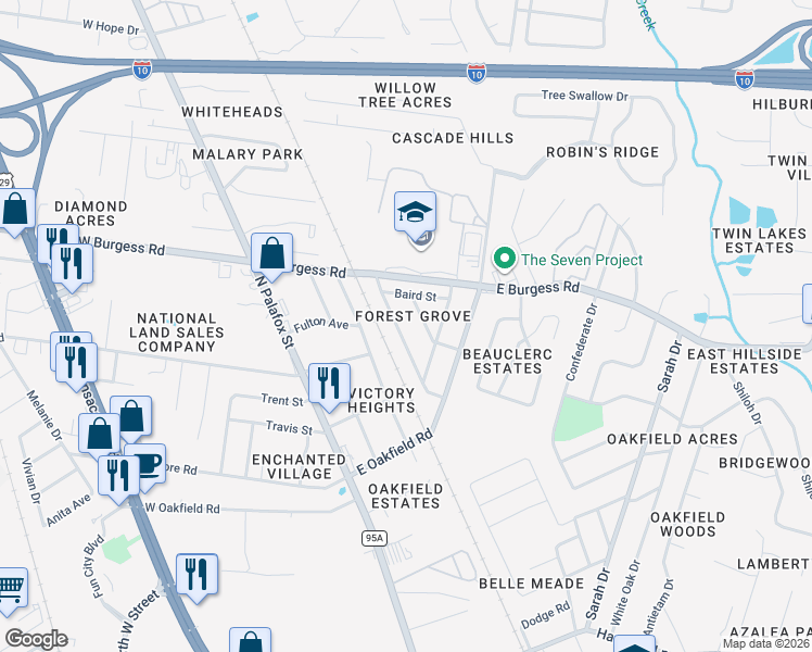 map of restaurants, bars, coffee shops, grocery stores, and more near 6954 Woodley Drive in Pensacola